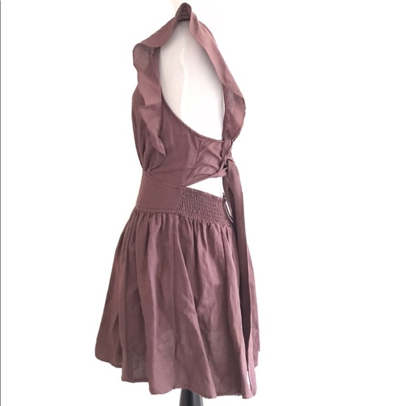 Free People | Erin Skater Linen Mini Dress Womens XS Brown Ruffle Open Back - Picture 5 of 10